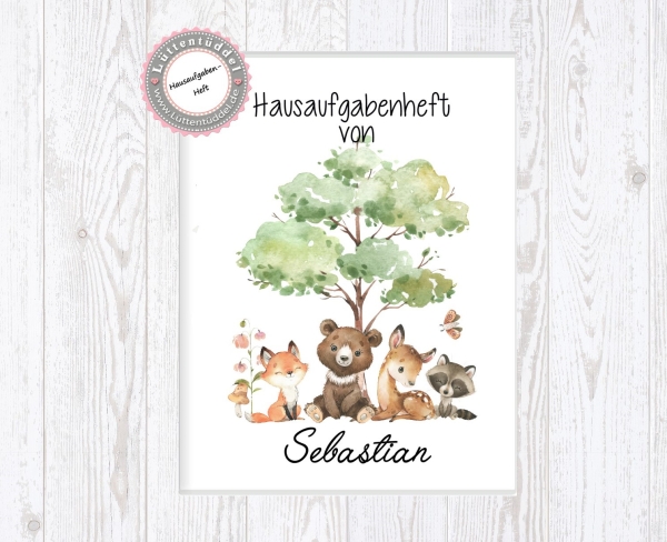 zuckersüßes  Schulheft Umschlag Tiere Bär Reh Fuchs Hausaufgabenheft in hochwertiger Hülle Einschulung Klassenwechsel von Lüttentüddel®